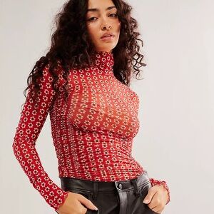 Free People Under It All Printed Mesh Bodysuit in Cherry Combo